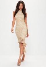 Missguided nude lace high neck fishtail midi dress – sleeveless party dresses