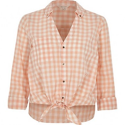 River Island orange gingham print tie front cropped shirt ~ knotted check print shirts ~ summer crop tops ~ casual fashion - flipped