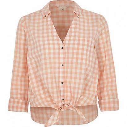 River Island orange gingham print tie front cropped shirt ~ knotted check print shirts ~ summer crop tops ~ casual fashion