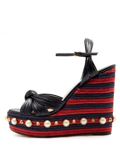 GUCCI Pearl-embellished leather wedge sandals - flipped