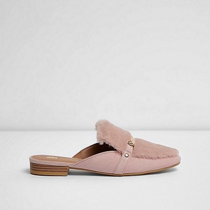 river island pink faux fur snaffle backless loafers ~ open back loafer ~ chic flats ~ casual flat shoes with style - flipped