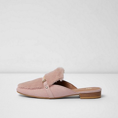 river island pink faux fur snaffle backless loafers ~ open back loafer ~ chic flats ~ casual flat shoes with style
