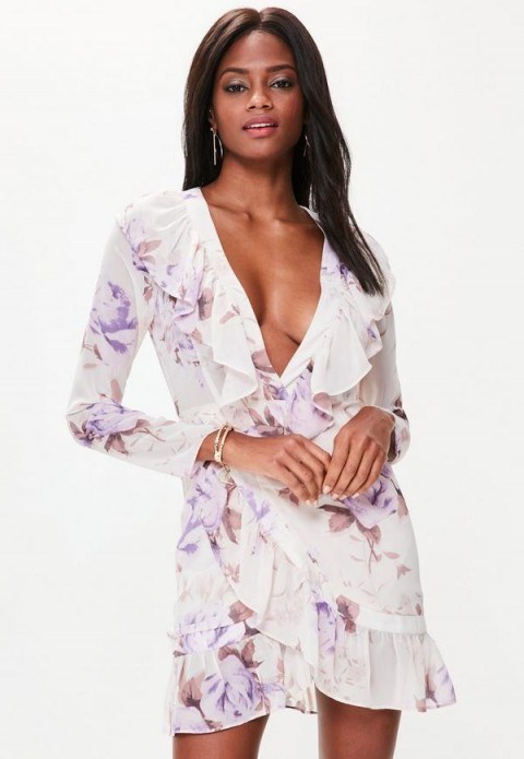 Missguided pink floral frill wrap sleeve shift dress. Plunge front dresses | deep V-neckline | ruffled fashion - flipped