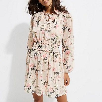 River Island Pink floral print long sleeve smock dress – tie neck party dresses – feminine evening fashion - flipped