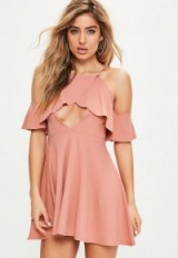 Missguided pink frill front shoulder skater dress – cold shoulder party dresses
