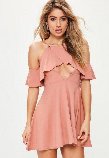 Missguided pink frill front shoulder skater dress – cold shoulder party dresses - flipped