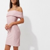 River Island Pink textured frill bardot bodycon midi dress – off the shoulder party dresses