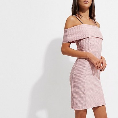 River Island Pink textured frill bardot bodycon midi dress – off the shoulder party dresses - flipped