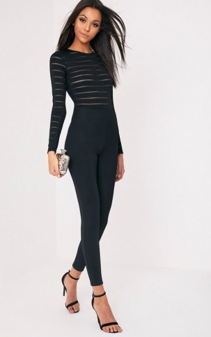 POLLY BLACK BURN OUT MESH JUMPSUIT ~ long sleeve semi sheer jumpsuits ~ fitted going out fashion - flipped
