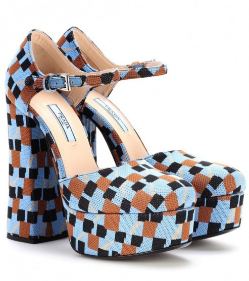 PRADA Round toe Mary Jane pumps ~ blue, brown and black jacquard design Mary Janes ~ block heel platform shoes ~ high chunky heels ~ luxury platforms ~ 70s style footwear