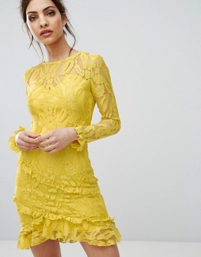 PrettyLittleThing Lace Asymmetric Frill Detail Bodycon Dress, yellow frilly evening dresses, pretty party fashion, feel like a princess, little ruffles, fitted occasion wear - flipped