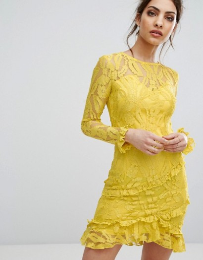 PrettyLittleThing Lace Asymmetric Frill Detail Bodycon Dress, yellow frilly evening dresses, pretty party fashion, feel like a princess, little ruffles, fitted occasion wear