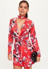 missguided red silky print front choker dress ~ plunging neckline party dresses