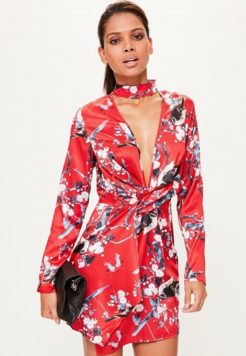 missguided red silky print front choker dress ~ plunging neckline party dresses - flipped