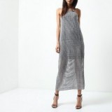 River Island Silver sequin maxi cami slip dress – strappy party dresses – semi sheer evening fashion – going out