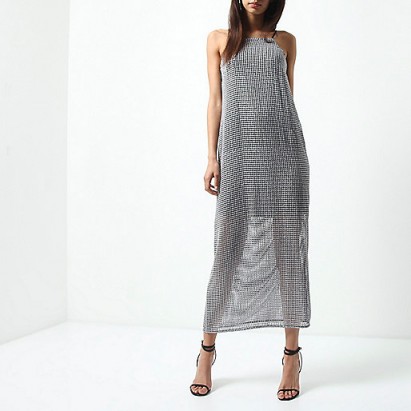 River Island Silver sequin maxi cami slip dress – strappy party dresses – semi sheer evening fashion – going out