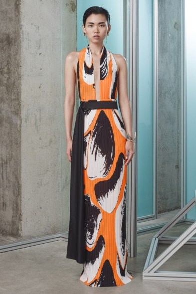 Solace London Laryn Maxi Dress Orange Print. Plunge front halterneck | long halter dresses | plunging neckline | elegant occasion fashion - flipped