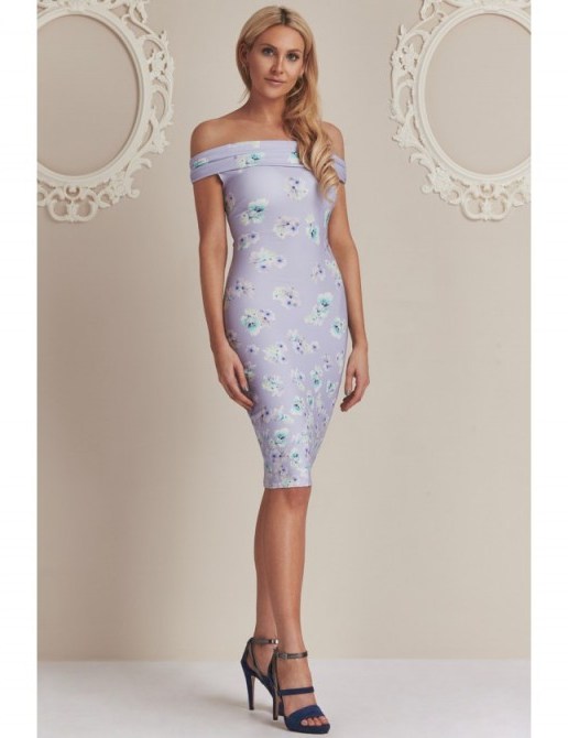 Stephanie Pratt – Floral Bardot Bodycon Dress in Purple print ~ off the shoulder party dresses ~ going out fashion ~ off the shoulder occasion wear - flipped