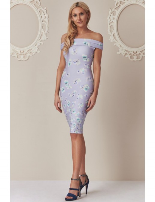 Stephanie Pratt – Floral Bardot Bodycon Dress in Purple print ~ off the shoulder party dresses ~ going out fashion ~ off the shoulder occasion wear