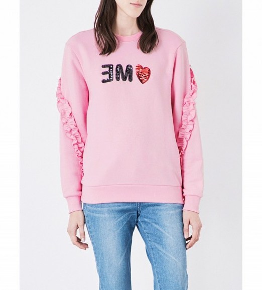 STEVE J & YONI P Love Me frill-detail cotton-jersey sweatshirt. Pink sweatshirts | casual ruffle tops - flipped