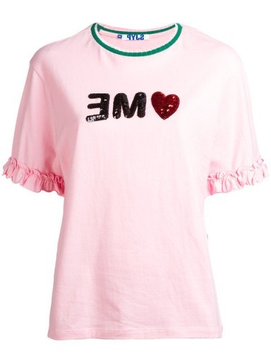 STEVE J & YONI P slogan T-shirt. Pink tee | love me t-shirts | ruffle sleeve tees | embellished casual tops - flipped