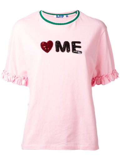 STEVE J & YONI P slogan T-shirt. Pink tee | love me t-shirts | ruffle sleeve tees | embellished casual tops