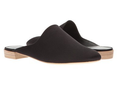 Stuart Weitzman Mulearky Black Satin Mules – as worn by Gigi Hadid, April 2017. Celebrity flats | flat designer shoes - flipped