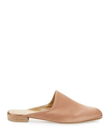 Stuart Weitzman Mulearky Satin Slip-On Flat Mule. Blush-pink mules | luxe slip on flats | luxury casual flat shoes - flipped