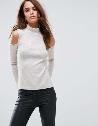 Supertrash Tactus Cold Shoulder Knit Top. Fine ribbed jersey tops | high neck knitwear - flipped