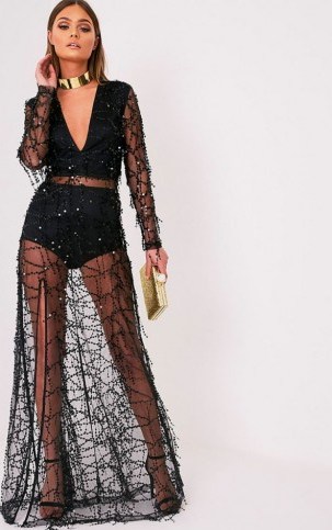 prettylittlething VALENTINA BLACK SEQUIN LONG SLEEVE MAXI DRESS ~ sheer plunge front dresses ~ glamorous evening wear ~ party fashion - flipped