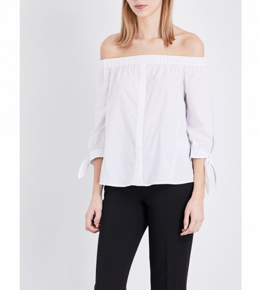 WHISTLES Estra cotton off-the-shoulder Bardot top ~ white summer sleeve tie tops
