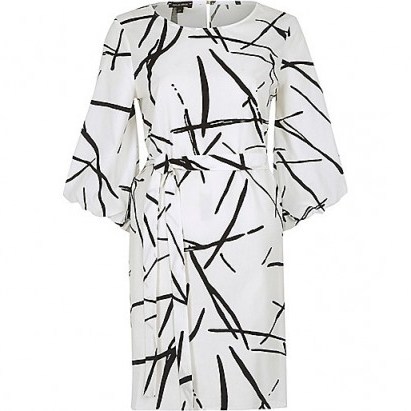 river island white abstract print puff sleeve swing dress ~ wide sleeved party dresses - flipped