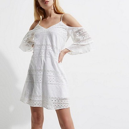River Island White broderie cold shoulder swing dress ~ strappy summer dresses ~ feminine holiday fashion - flipped