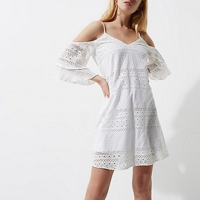 River Island White broderie cold shoulder swing dress ~ strappy summer dresses ~ feminine holiday fashion