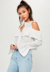 Missguided white flared cuff cold shoulder cropped blouse – ruffle blouses – summer tops