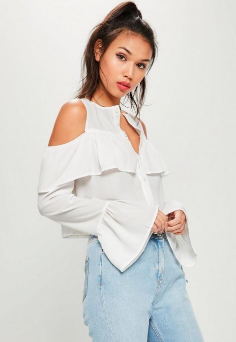 Missguided white flared cuff cold shoulder cropped blouse – ruffle blouses – summer tops - flipped
