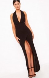 PRETTYLITTLETHING.com BLACK HALTERNECK LACE DETAIL MAXI DRESS ~ halter neck party dresses ~ plunge front evening fashion