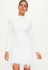Missguided white high neck feather trim dress – long sleeve party dresses