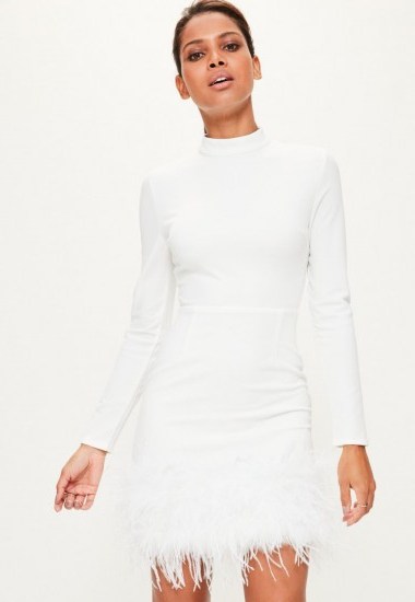 Missguided white high neck feather trim dress – long sleeve party dresses - flipped