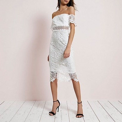River Island White lace bardot bodycon dress ~ off the shoulder evening dresses ~ special occasion ~ feminine party fashion - flipped
