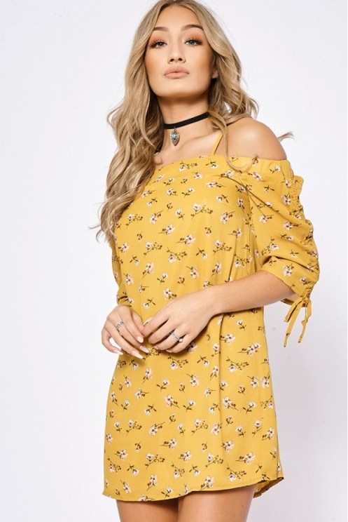 In The Style WHITNIE YELLOW DITSY FLORAL STRAPPY BARDOT DRESS ~ off the shoulder summer dresses - flipped