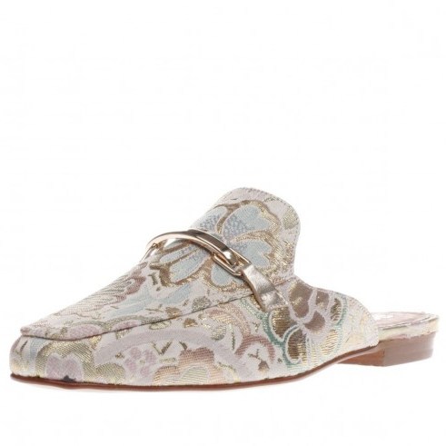 schuh pale pink ritzy flats. Flat backless loafers | luxe open back fabric loafers | floral embroidered flats | chic flat shoes - flipped