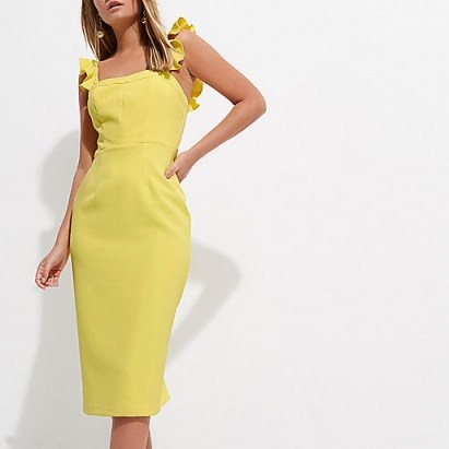River Island Yellow frill cami bodycon midi dress – fitted party dresses - flipped