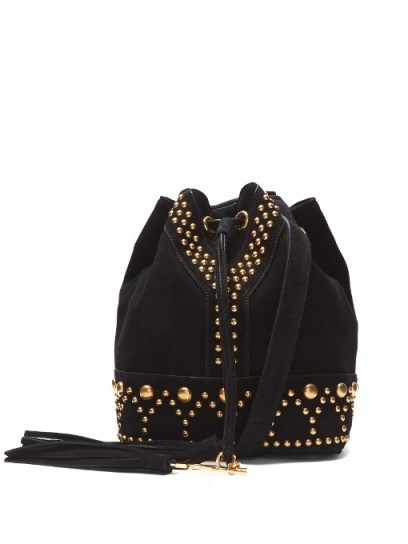 SAINT LAURENT Y-Studs black suede bucket bag ~ stud embellished designer shoulder bags ~ boho luxe ~ studded handbags - flipped