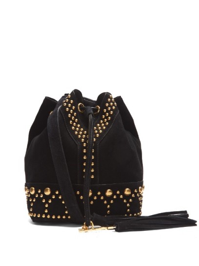 SAINT LAURENT Y-Studs black suede bucket bag ~ stud embellished designer shoulder bags ~ boho luxe ~ studded handbags