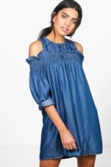 ZENA RUFFLE OFF THE SHOULDER DENIM DRESS BLUE – boohoo summer cold shoulder dresses – affordable fashion