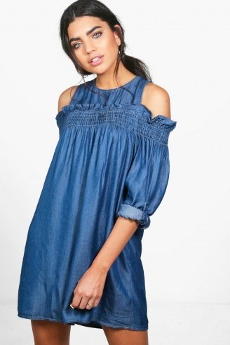 ZENA RUFFLE OFF THE SHOULDER DENIM DRESS BLUE – boohoo summer cold shoulder dresses – affordable fashion - flipped