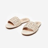 EGO Adella Pearl Slider In Nude Faux Leather – pale pink luxe style slides – embellished summer flats – flat holiday shoes