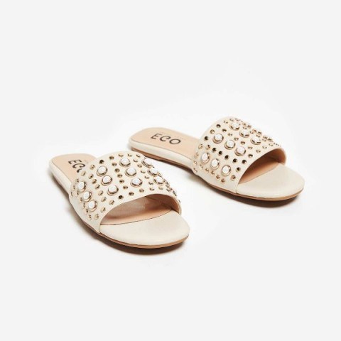 EGO Adella Pearl Slider In Nude Faux Leather – pale pink luxe style slides – embellished summer flats – flat holiday shoes - flipped