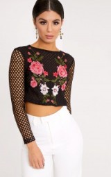 ALEAH BLACK EMBROIDERED FISHNET LONGSLEEVE CROP TOP ~ flower embroidery tops ~ cropped fashion